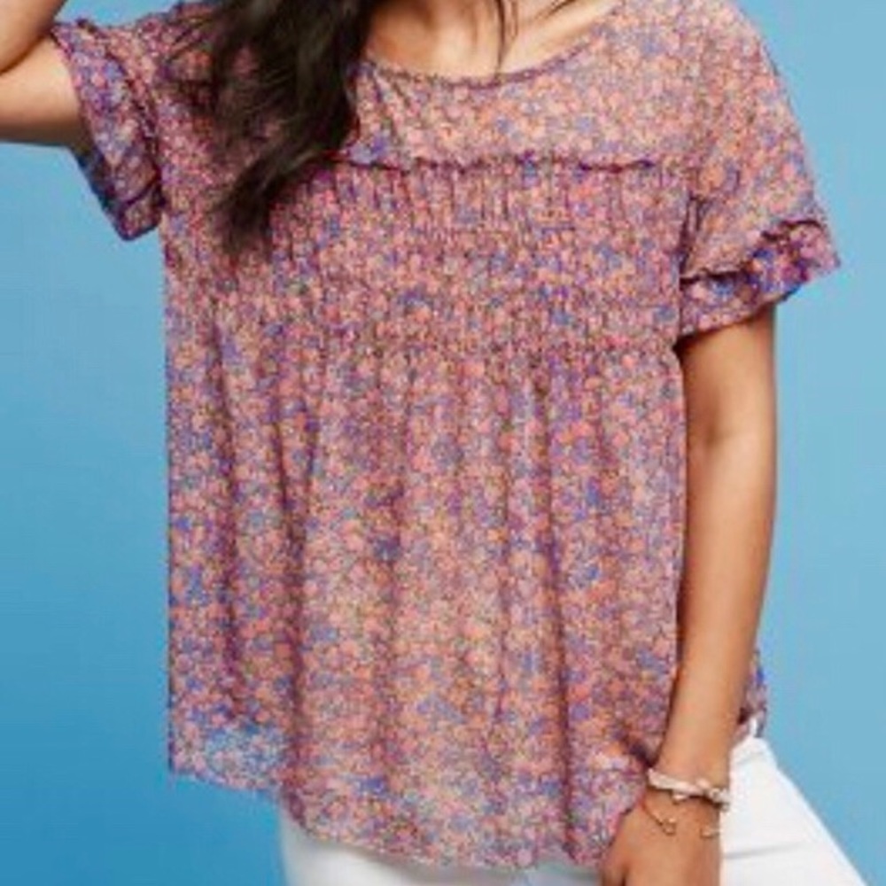 Anthropologie Floral Smocked Lavender Pink Short Sleeve Blouse
